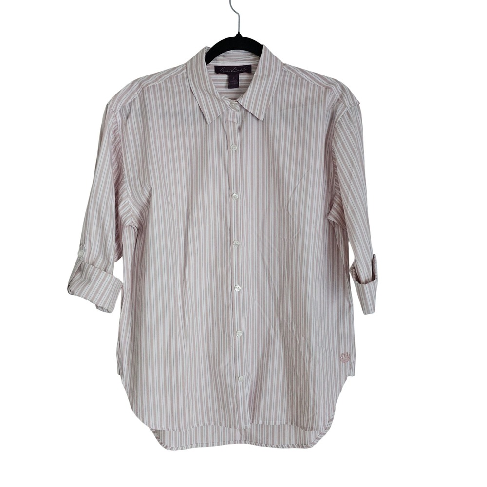 Gloria Vanderbilt Womens Striped Button Down Shirt Pink White Roll Tab Sleeve S